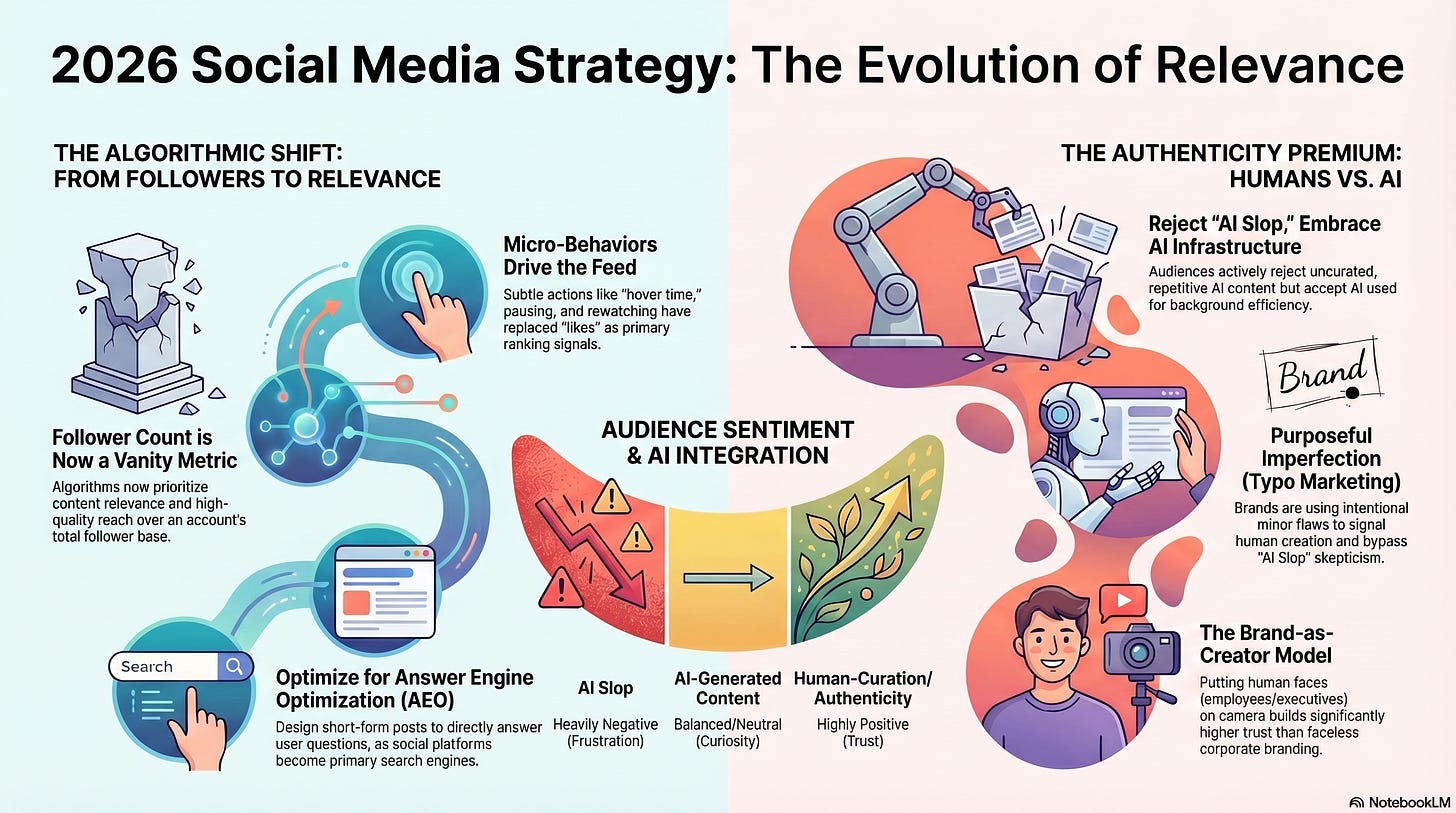 Infographic on 2026 social media strategy showing audience signal replacing follower count