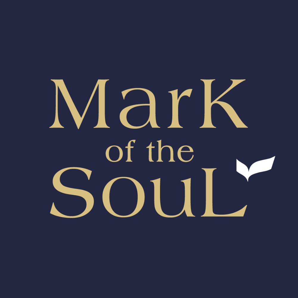 Mark of the Soul logo in gold letter, dark blue background, white winged mark