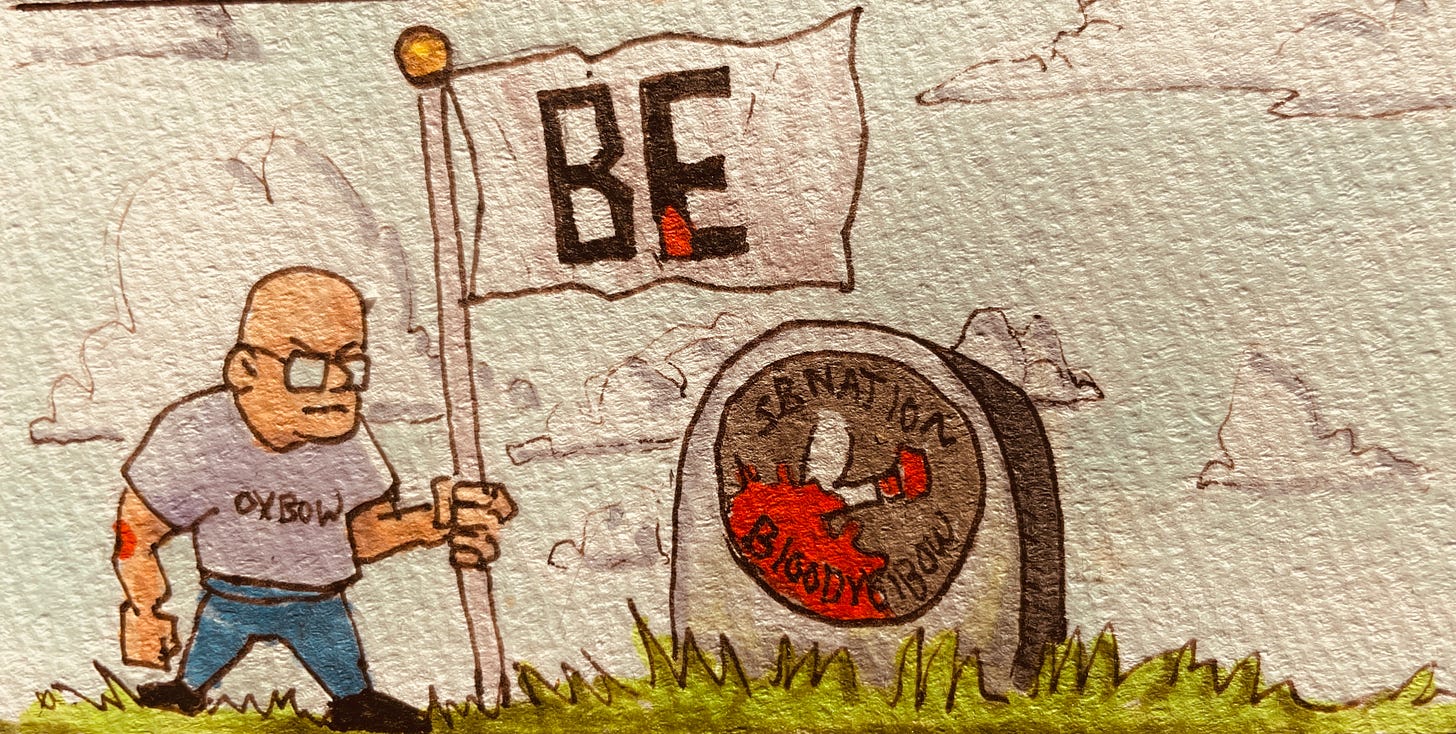 Kid Nate Wilcox hoists the new Bloody Elbow logo over the gravestone of the SBN Bloody Elbow art by Chris Rini