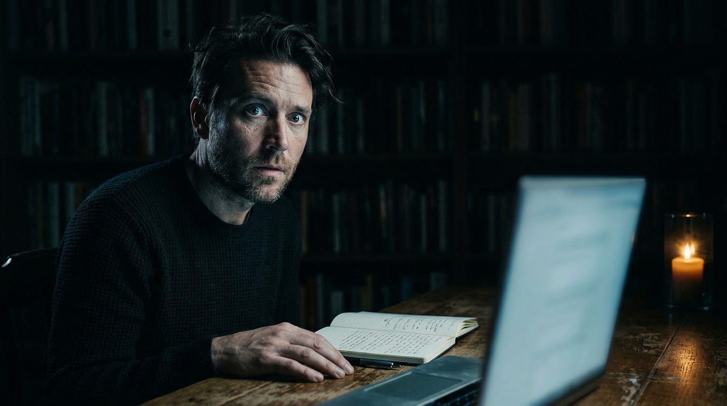 A male writer sitting at a desk in a dark, atmospheric room, illuminated only by the glow of his laptop screen and a single lit candle. He is wearing a dark sweater and looking directly at the camera. An open notebook rests beside the laptop, with dim bookshelves visible in the background.