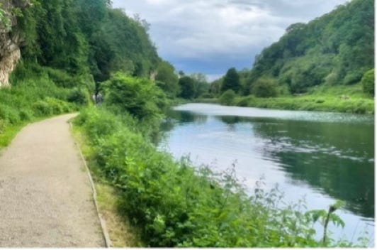 A path runs along a wide river, with tall gorge walls either side covered in green plants and trees A path runs along a wide river, with tall gorge walls either side covered in green plants and trees