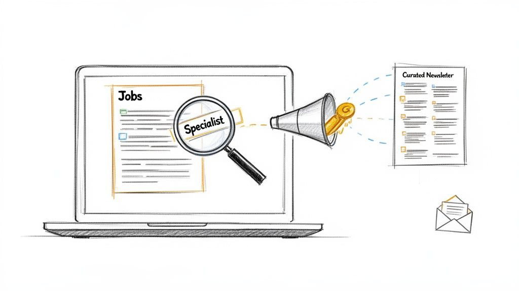 Digital image illustrating a search for 'Specialist' jobs, resulting in a personalized curated newsletter.