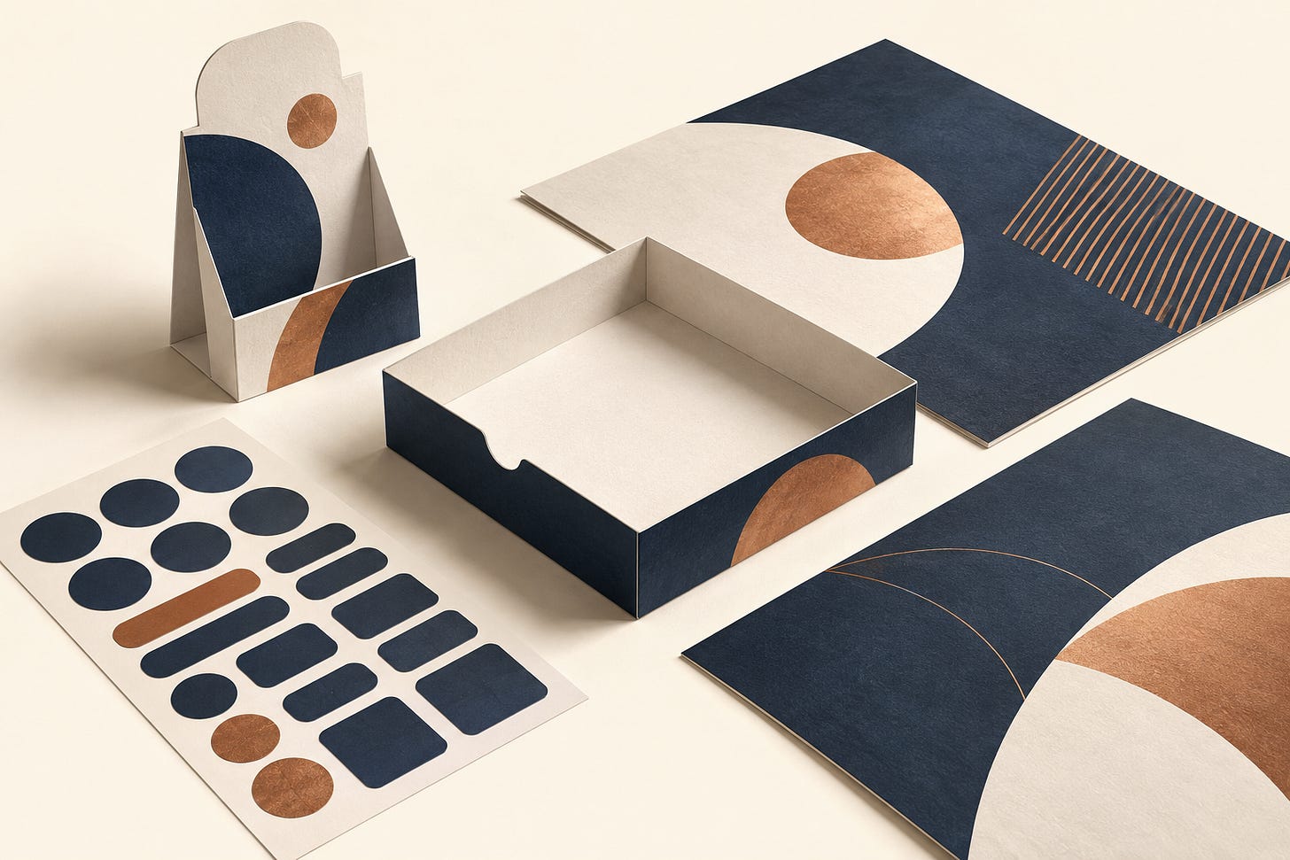 Conceptual illustration of printed pieces, a folded display and an open packing tray arranged on a tabletop. Conceptual illustration of printed pieces, a folded display and an open packing tray arranged on a tabletop.