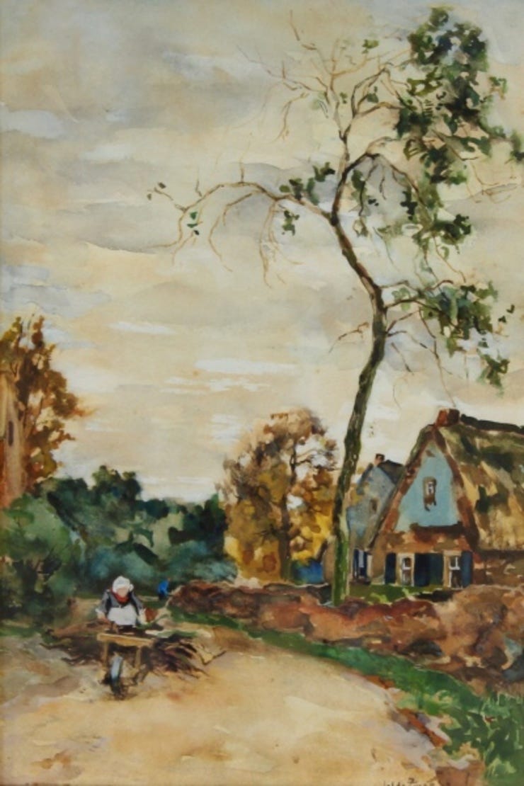'Boer en boerin met kruiwagen' Aquarel: Willem de Zwart