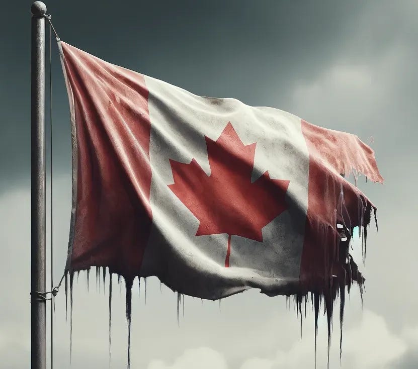 A tattered Canadian flag on a grey sky