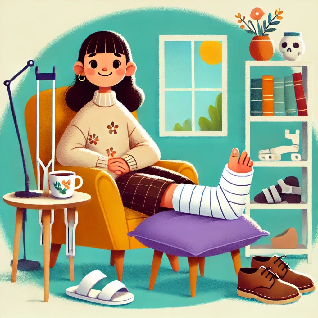 A humorous and light-hearted illustration of a female patient with a medium-dark skin tone and brown hair sitting in a comfortable chair with one foot elevated on a cushion, wearing a splint on her foot after bunion surgery. 