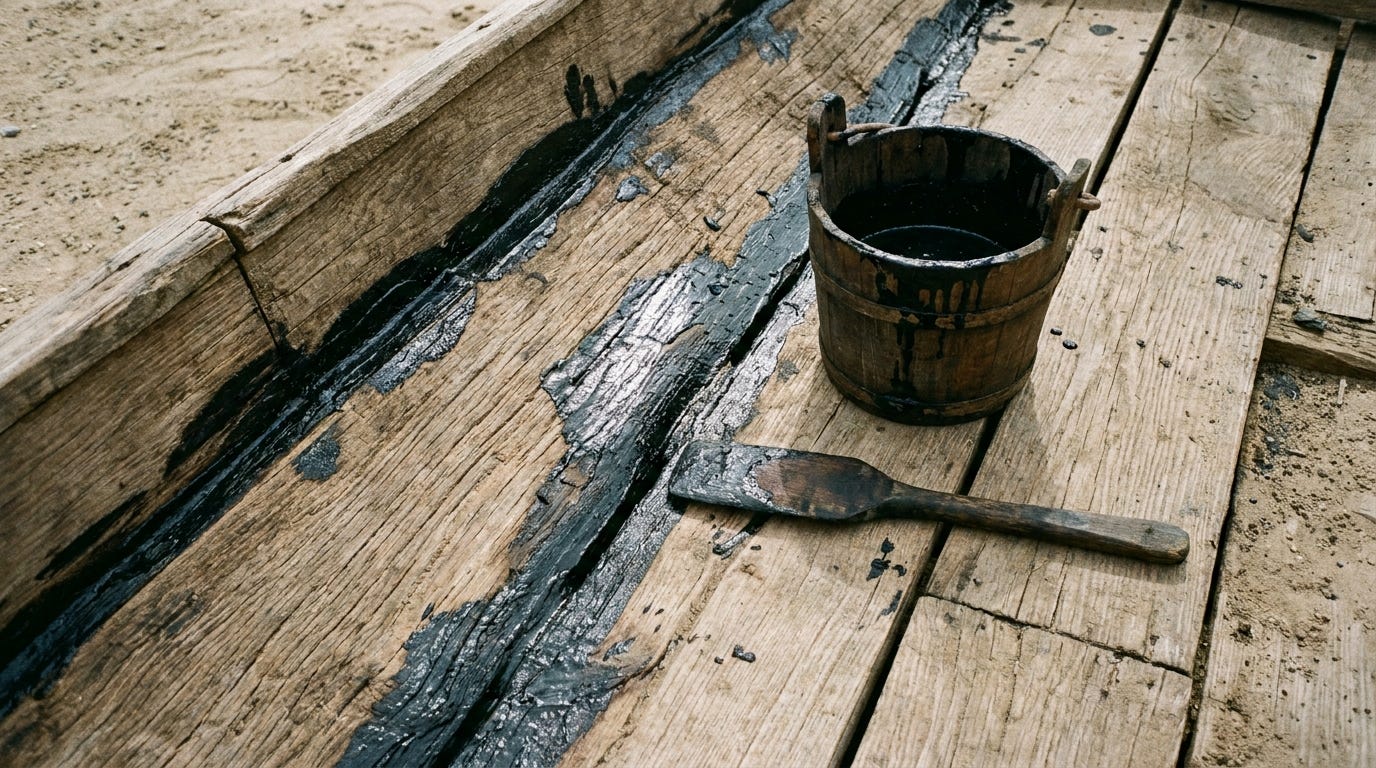 A close view of dark pitch being spread over the seams of rough wooden planks on a boat hull, thick tar filling the joints, warm even daylight, no hands, no people, no faces, no text A close view of dark pitch being spread over the seams of rough wooden planks on a boat hull, thick tar filling the joints, warm even daylight, no hands, no people, no faces, no text