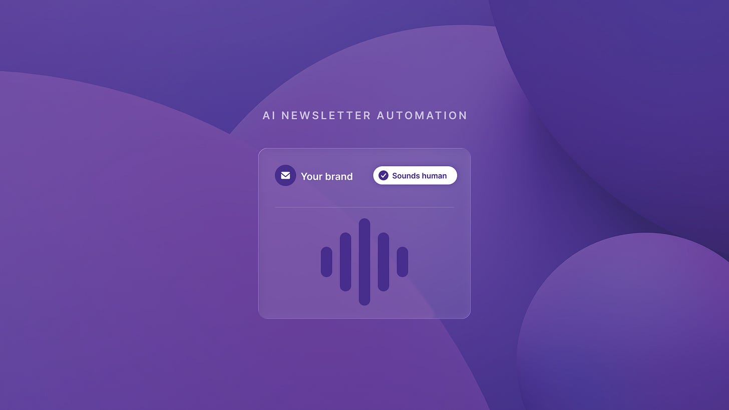 A newsletter preview marked Sounds human, with an on-brand voice waveform.