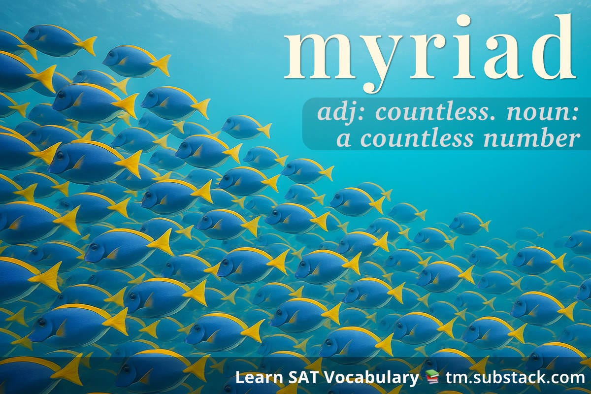 Illustration of a vast school of colorful tropical fish swimming in unison; used to illustrate the SAT word 'myriad'.