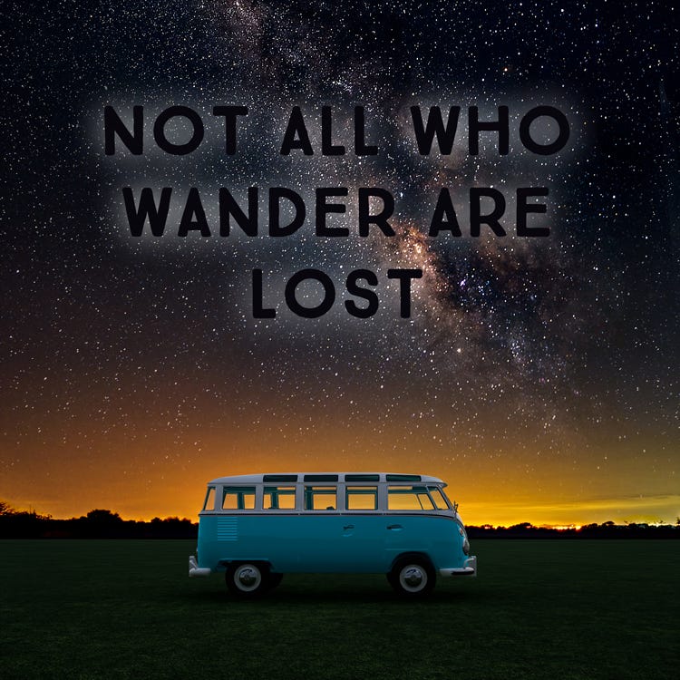 Not all who wander are lost - blue VW van at sunset under the Milky Way.