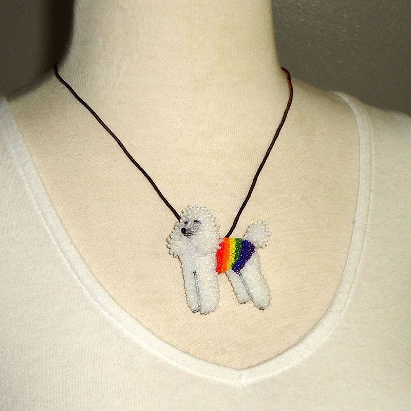 Beaded Rainbow Poodle pin pendant necklace bead embroidery beadwork dogs gay pride LGBTQ jewelry etsy Amazon Handmade 