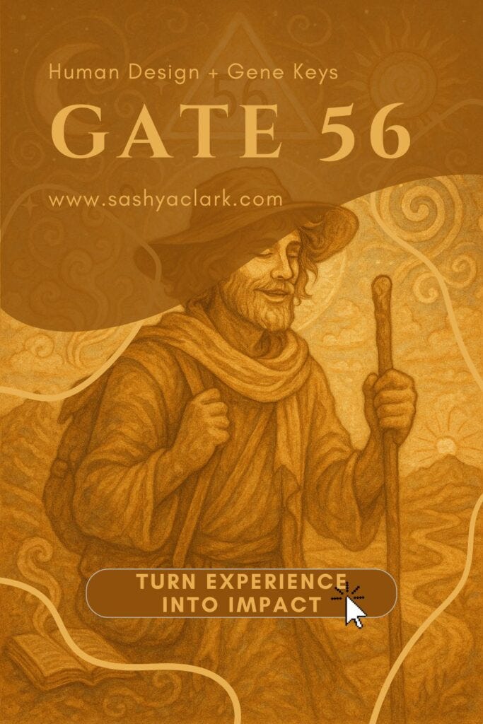 Mystical digital painting of a cosmic traveler with a staff, walking beneath a golden sky filled with stars and symbols, evoking the storytelling energy of Human Design Gate 56.