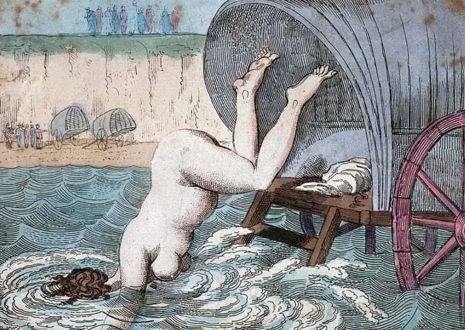 Etching of a nude woman falling out of a wagon into a body of water. Etching of a nude woman falling out of a wagon into a body of water.