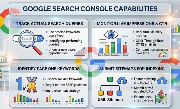 ┌─────────────────────────────────────────────────────────────────┐ │ Google Search Console Capabilities │ ├────────────────────────────────┬────────────────────────────────┤ │ Track Actual Search Queries │ Monitor Live Impressions & CTR │ ├────────────────────────────────┼────────────────────────────────┤ │ Identify Page One Keywords │ Submit Sitemaps for Indexing │ └────────────────────────────────┴────────────────────────────────┘ ┌─────────────────────────────────────────────────────────────────┐ │ Google Search Console Capabilities │ ├────────────────────────────────┬────────────────────────────────┤ │ Track Actual Search Queries │ Monitor Live Impressions & CTR │ ├────────────────────────────────┼────────────────────────────────┤ │ Identify Page One Keywords │ Submit Sitemaps for Indexing │ └────────────────────────────────┴────────────────────────────────┘