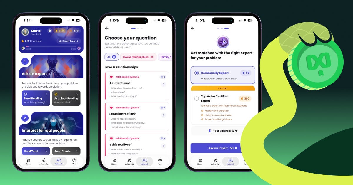 App screens showing how to ask a question and get matched with the right expert. App screens showing how to ask a question and get matched with the right expert.