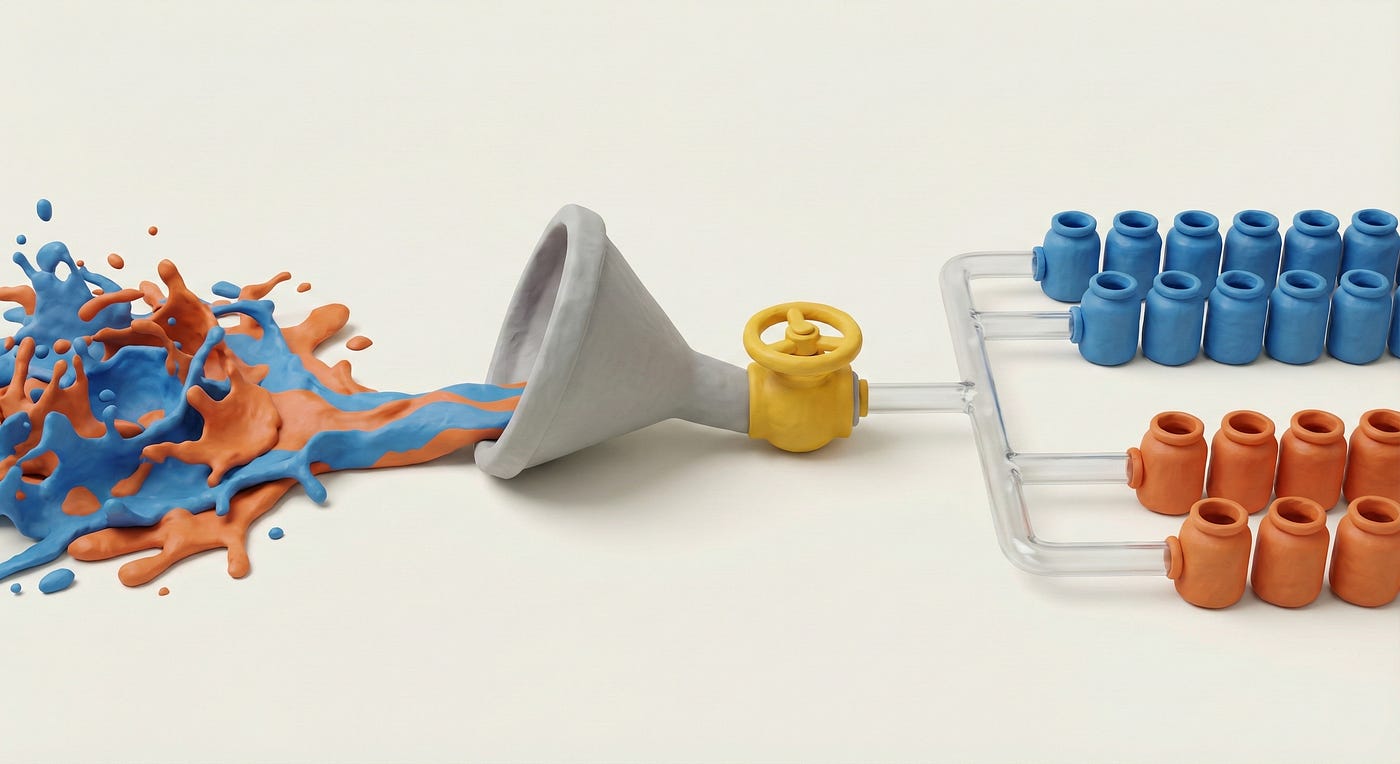 A claymation-style illustration showing chaotic blue and orange liquid splashing into a grey funnel controlled by a yellow valve. The mixture emerges from the other side as neat, organized rows of solid jars, symbolizing the transition from experimental chaos to governed, structured deployment.