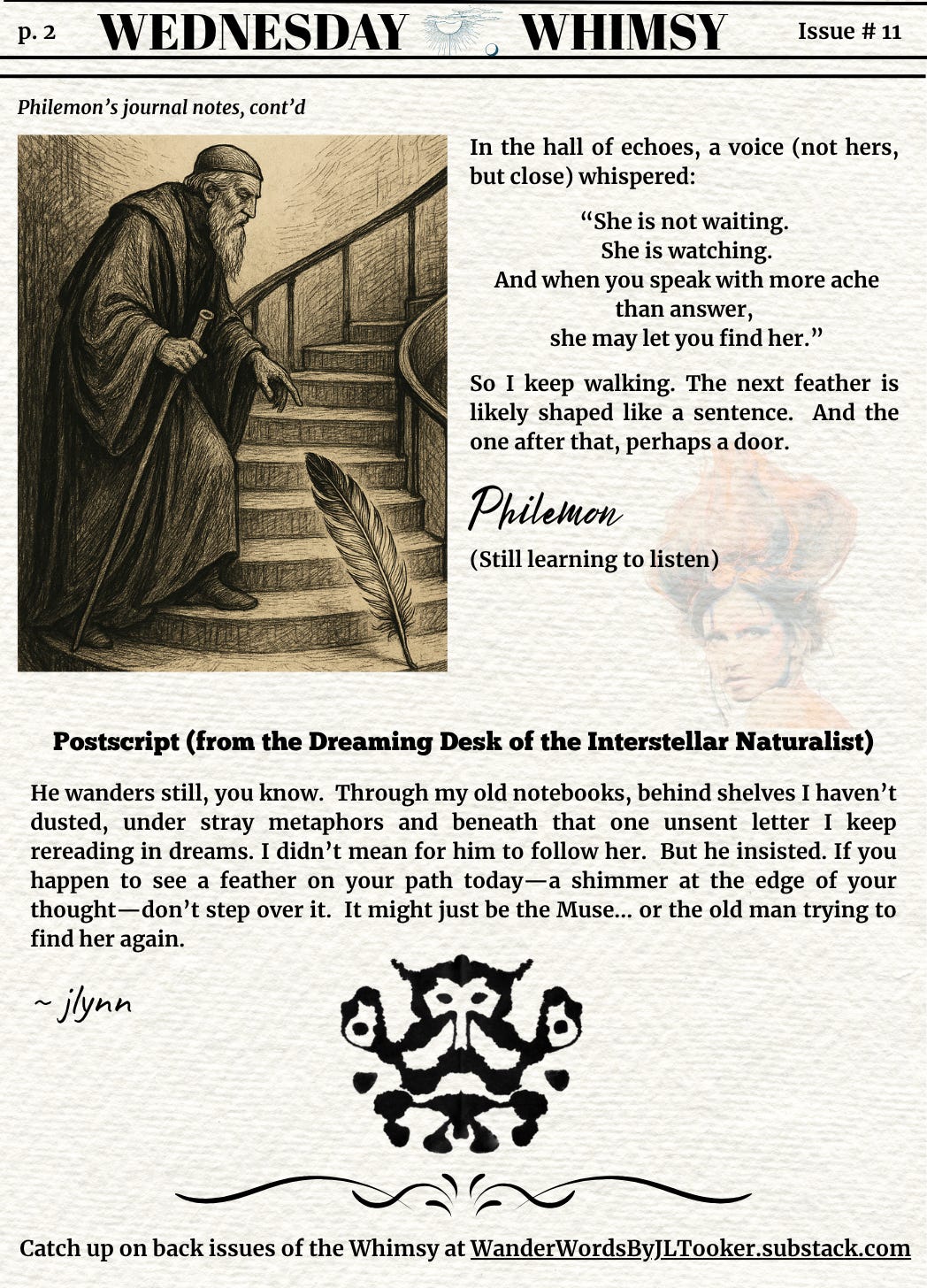 Ink illustration of an elderly, bearded man in robes—Philemon—ascending a curved stone staircase. He holds a staff in one hand and reaches toward a large, luminous feather resting on a step ahead of him. The setting evokes a contemplative and symbolic inner journey.