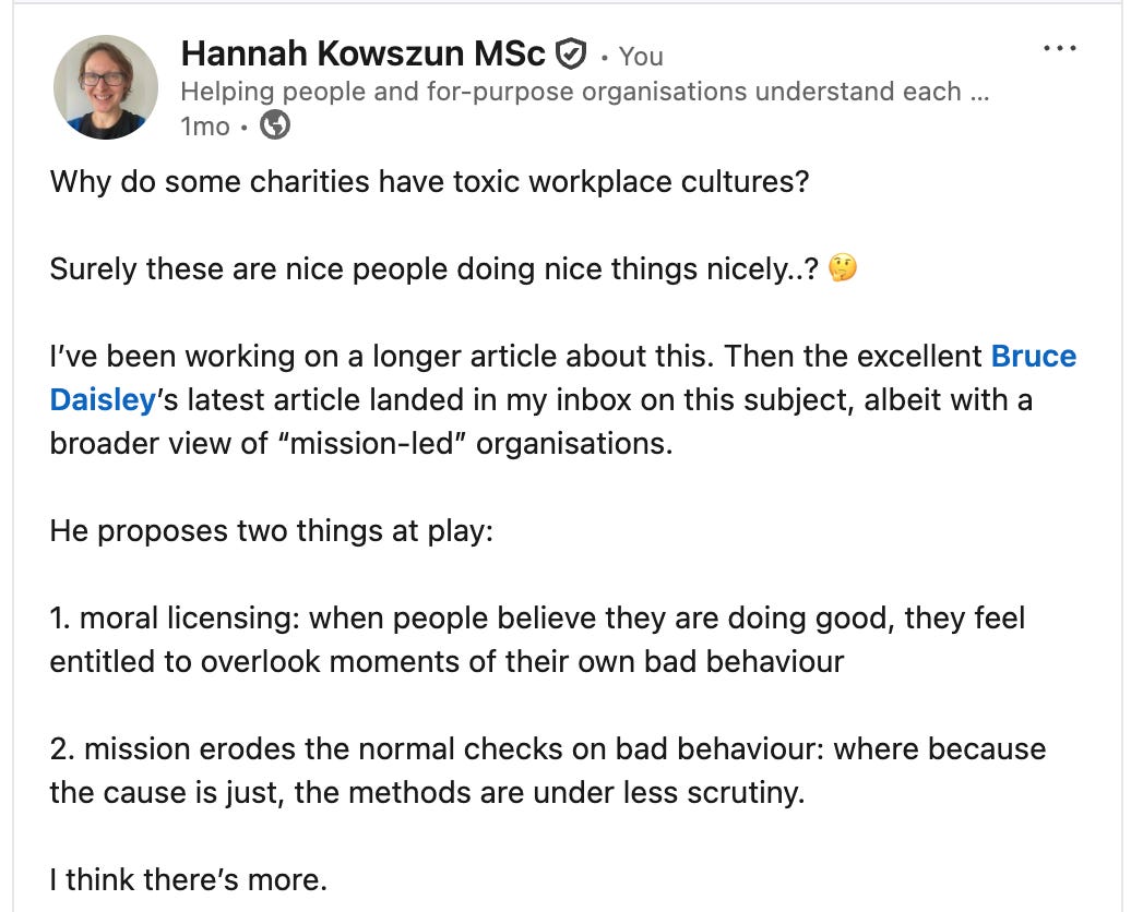 A screenshot of a linkedin post with the top line: Why do some charities have toxic workplace cultures? A screenshot of a linkedin post with the top line: Why do some charities have toxic workplace cultures?