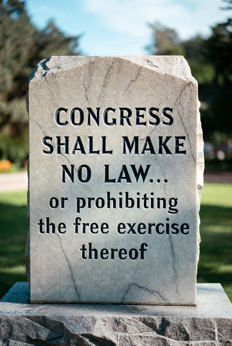 A weathered stone monument with First Amendment text, set outdoors in a serene, historical scene.