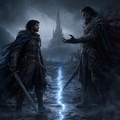 Fleetwood standing in a mist‑shrouded crossroads realm, facing the Death Knight version of himself. Mortal Fleetwood: broad‑shouldered, storm‑weathered, dark tousled hair, storm‑steel eyes, worn traveler’s armor in charcoal and storm‑blue, cloak whipping in wind. Death Knight Fleetwood: towering, ash‑gray skin, blackened bone‑steel armor, crimson‑lit eyes, cloak of shadow and frost. A crack of pale blue soul‑light splits the ground between them as mortal Fleetwood steps back, jaw set, rejecting the dark version. Fully original faces.