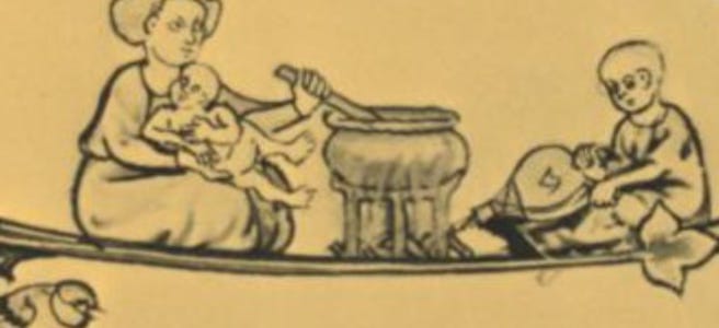 A medieval mother cooking and stiring a pot while cradling a baby in her arms. Her older child is using bellows to keep the fire under the pot burning.