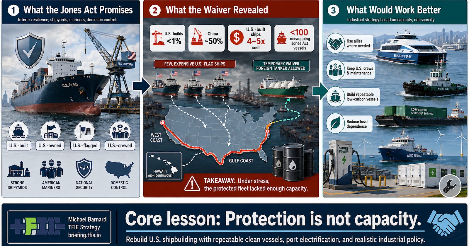 Infographic showing Jones Act protection leading to limited U.S. shipping capacity, high vessel costs and a waiver under stress.