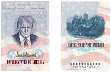 A mockup of a new passport featuring Donald Trump's image.