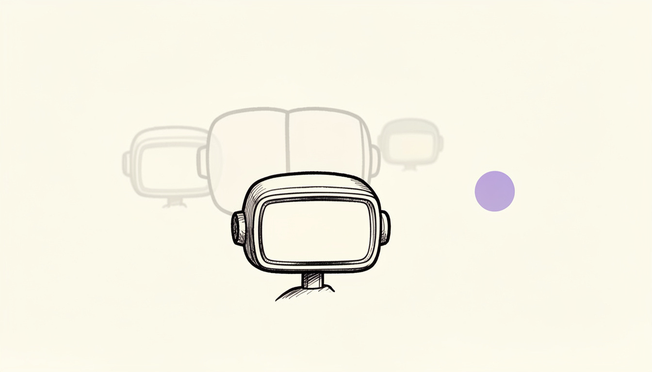 A line drawing of one small robot head in the foreground with three fainter ghost copies of the same robot fading into the background. A lavender dot sits to the right on a cream background. Editorial illustration suggesting repetition and sameness.