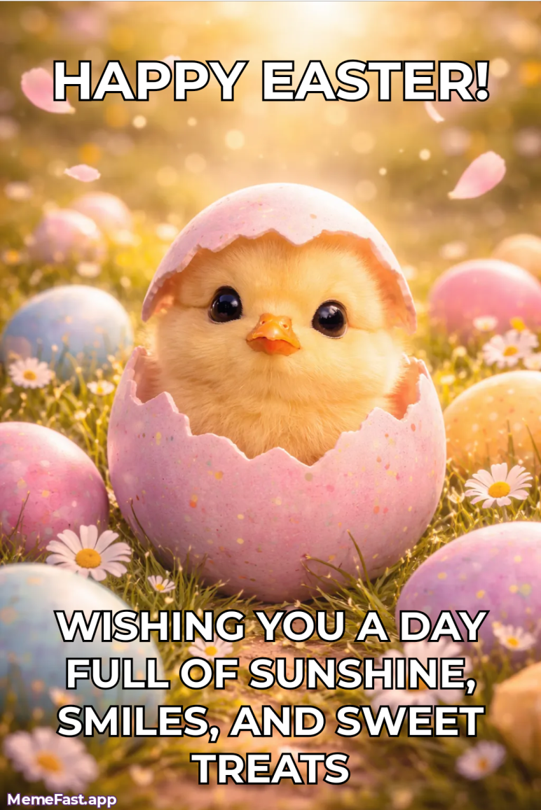 Adorable baby chick in a pink Easter egg surrounded by pastel eggs and flowers with the text “Happy Easter! Wishing you a day full of sunshine, smiles, and sweet treats”, a cute kids’ happy Easter wishes card made in MemeFast.