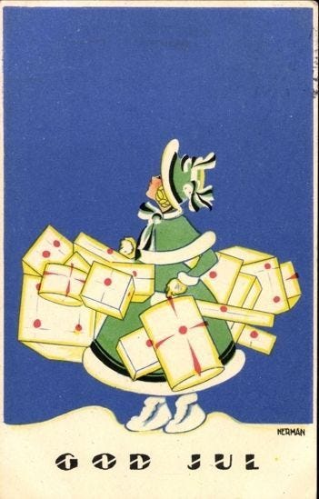 This may contain: an old fashioned christmas card with a woman carrying presents on her back and the words good luck This may contain: an old fashioned christmas card with a woman carrying presents on her back and the words good luck