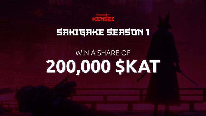 A silhouette of a samurai in a long coat holding swords, standing on a platform with a fallen figure below. Red and black background with text reading "KENSEI SAKIGAKE SEASON 1" and "WIN A SHARE OF 200,000 $KAT".