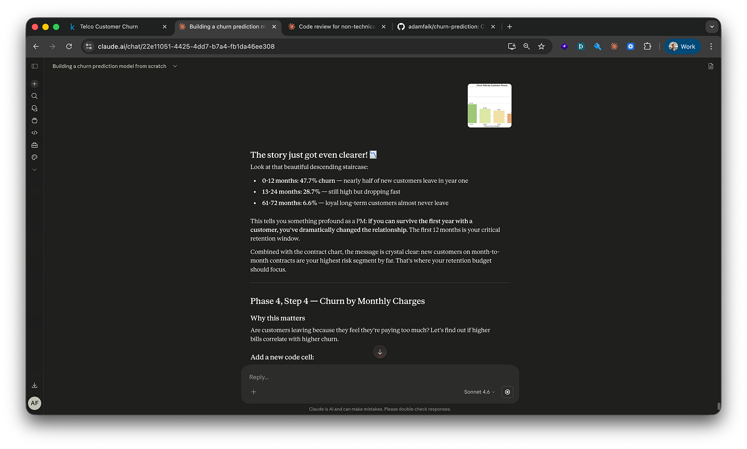 Claude.ai chat showing tenure analysis with the bullet “0-12 months: 47.7% churn — nearly half of new customers leave in year one” alongside a small embedded staircase chart