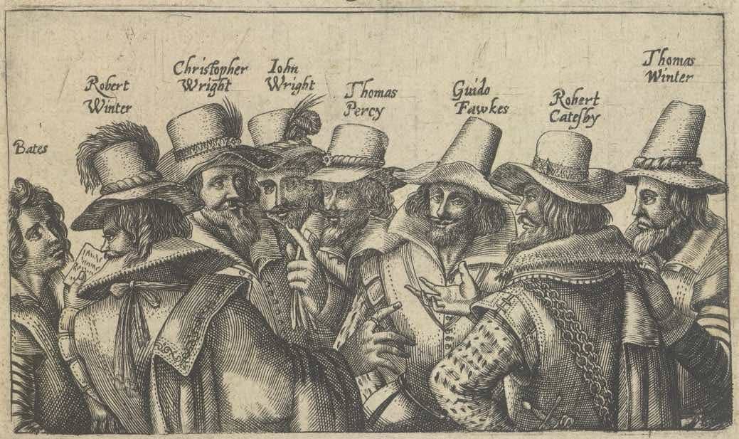 Eight of the Gunpowder Plot conspirators. From left to right: Thomas Bates; Robert Winter; Christopher Wright; John Wright; Thomas Percy; Guy (Guido) Fawkes; Robert Catesby and Thomas Winter.
