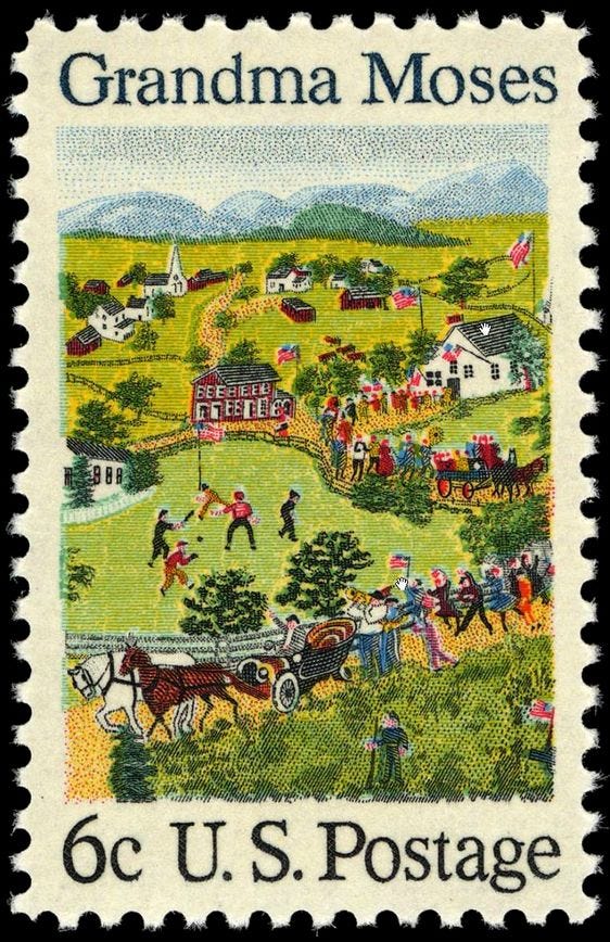 Grandma Moses, July Fourth (1951), detail, on the United States postage stamp of 1969. The painting hangs in the White House.