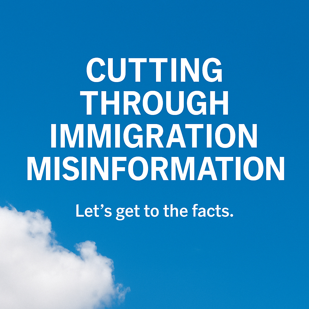 A bold message reads “Cutting Through Immigration Misinformation” on a bright blue sky background with soft white clouds. Below, smaller text says, “Let’s get to the facts.”