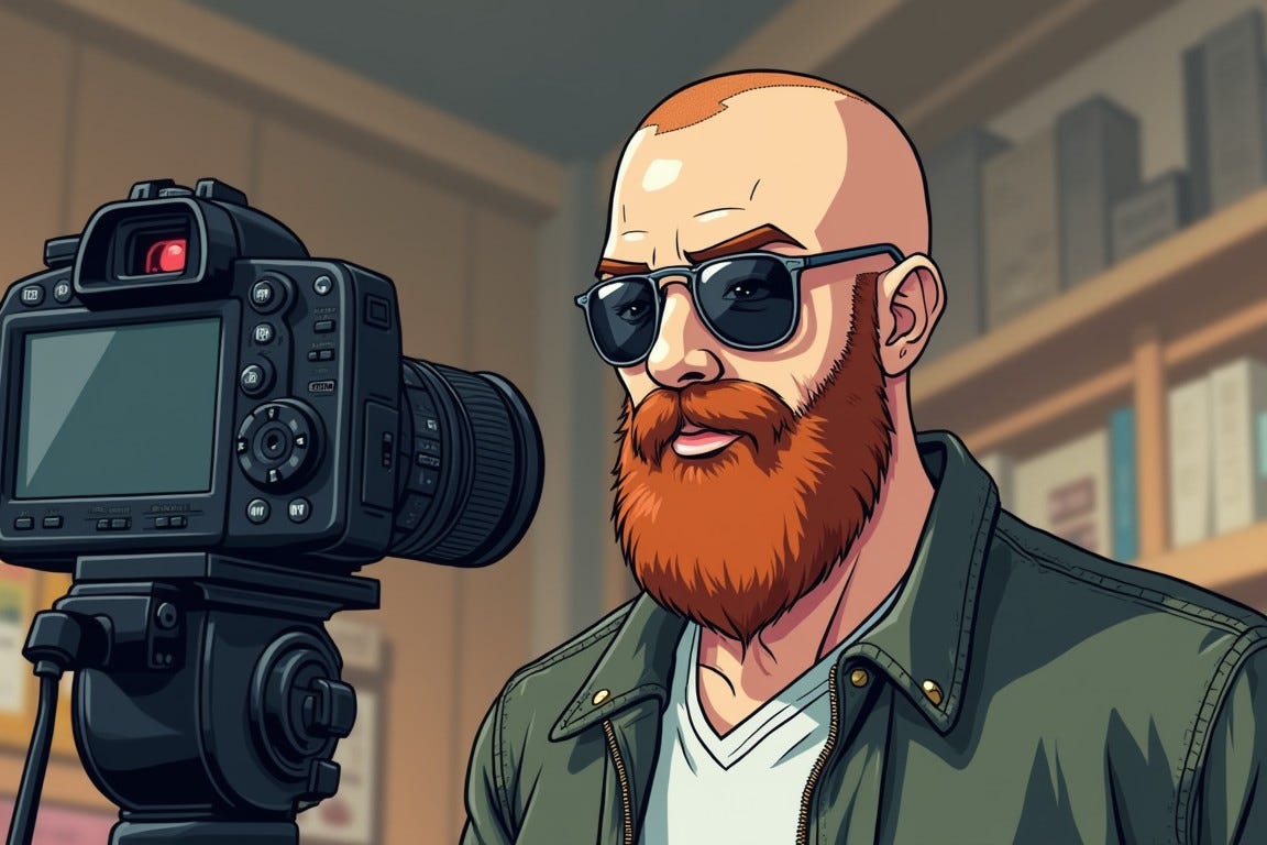 Draw in an anime style: a man in front of a camera making videos about books for Youtube. The man has a shaved head, red beard, and aviator sunglasses. Draw in an anime style: a man in front of a camera making videos about books for Youtube. The man has a shaved head, red beard, and aviator sunglasses.