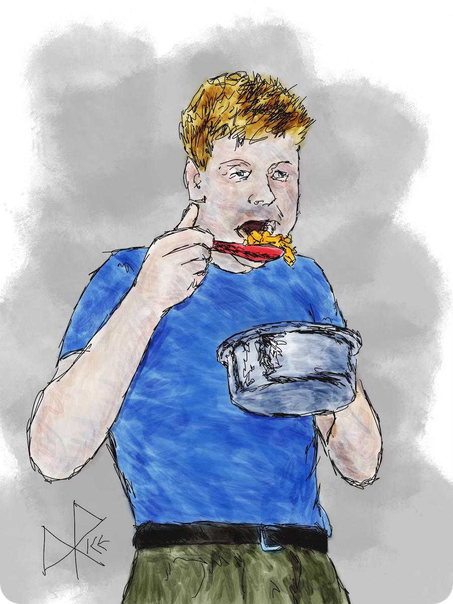 A man eating macaroni and cheese straight out of the pot. His mouth cavernous, he is about to devour the noodles using a large red plastic kitchen spoon. Sketch art by Don Rice. A man eating macaroni and cheese straight out of the pot. His mouth cavernous, he is about to devour the noodles using a large red plastic kitchen spoon. Sketch art by Don Rice.