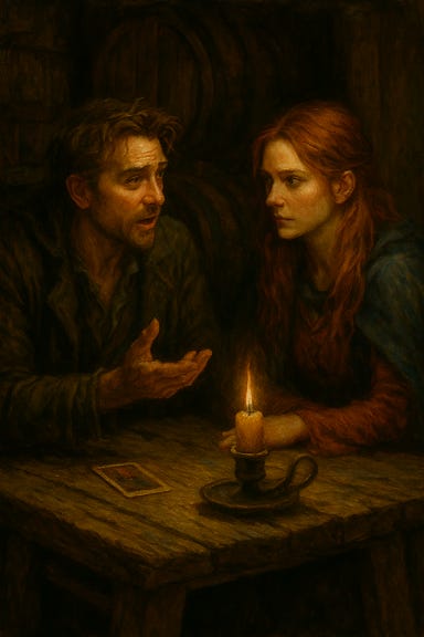 A dark fantasy image of Greegan and Ireena talking inside the Wizard of Wines winery. Greegan resembles Matt Ryan, with tousled blond hair, a rugged cloak, and a mischievous expression. He leans against a wine barrel, one hand gesturing mid-story, the other resting on his bone dice pouch. Ireena resembles Tamsin Mckenzie but with flowing red hair, dressed in a travel-worn tunic and cloak. She stands across from him, arms crossed, listening intently with a half-smile, her spirit mirror tucked at her side. The winery interior is rustic and warm—wooden beams, casks stacked in shadow, candlelight flickering from sconces. Ravens perch on the rafters above, watching. The atmosphere is intimate and slightly tense, with mist curling at the windows and the scent of oak and wine in the air.
