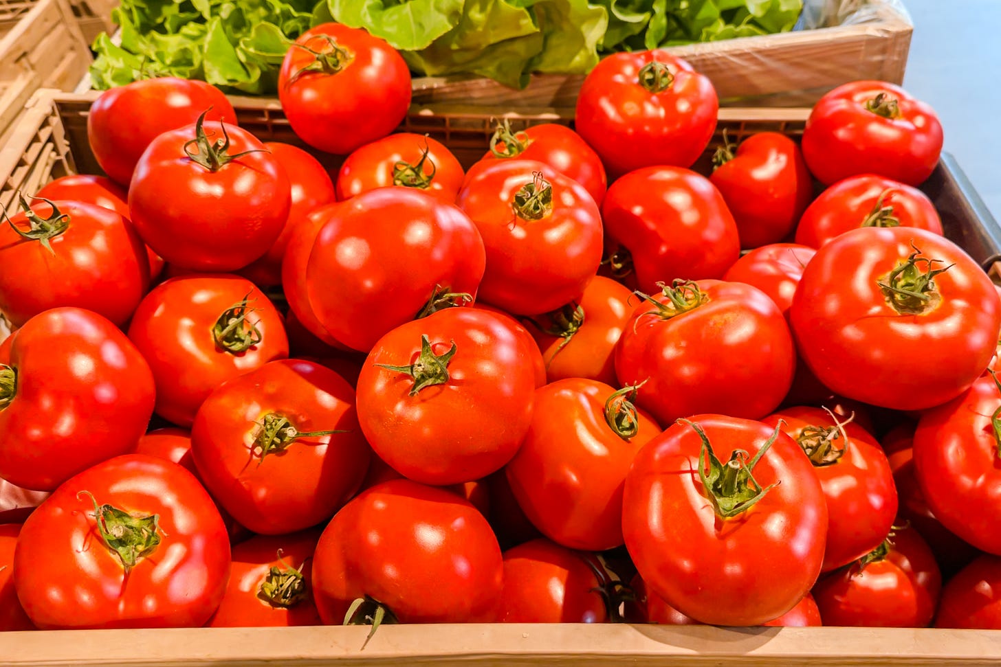 Ein Holzkistchen voller reifer, glänzend roter Tomaten liegt in einem Marktstand. Im Hintergrund sind grüne Salatblätter zu sehen, die einen farblichen Kontrast zum kräftigen Rot der Tomaten bilden. Ein Holzkistchen voller reifer, glänzend roter Tomaten liegt in einem Marktstand. Im Hintergrund sind grüne Salatblätter zu sehen, die einen farblichen Kontrast zum kräftigen Rot der Tomaten bilden.