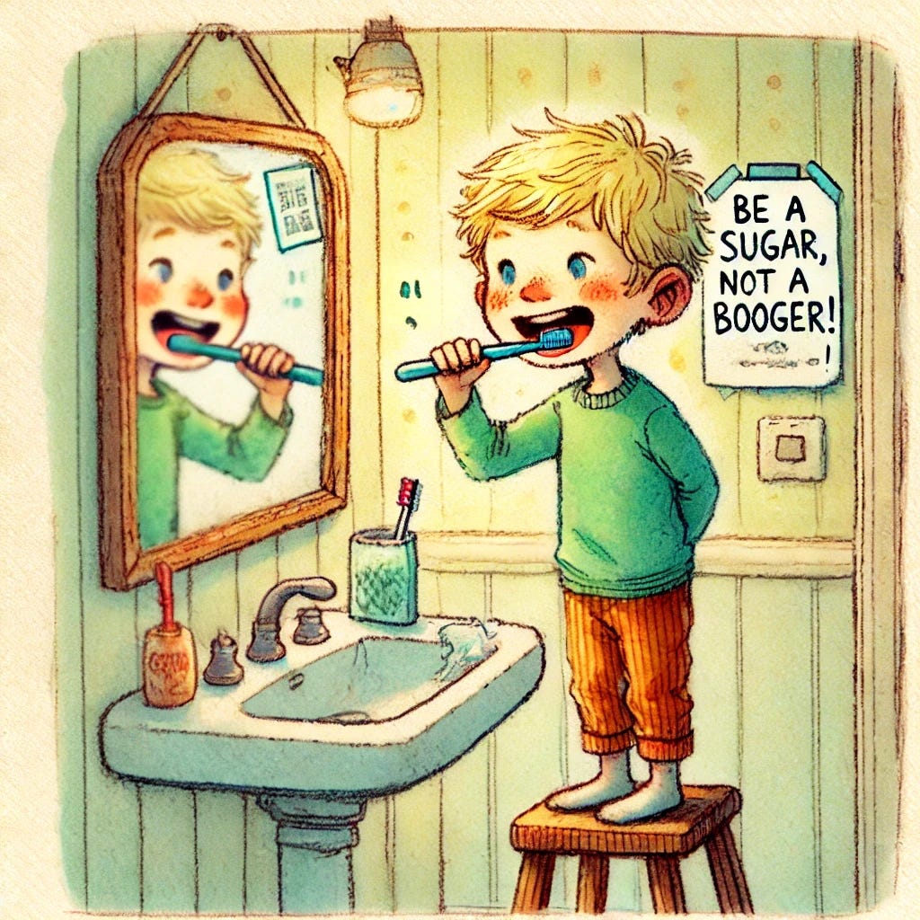 A hand-drawn, watercolor-style illustration of a young blonde-haired, blue-eyed boy standing on a step stool, brushing his teeth in front of a bathroom mirror. A paper note that reads "BE A SUGAR, NOT A BOOGER!" is taped on the wall next to him.