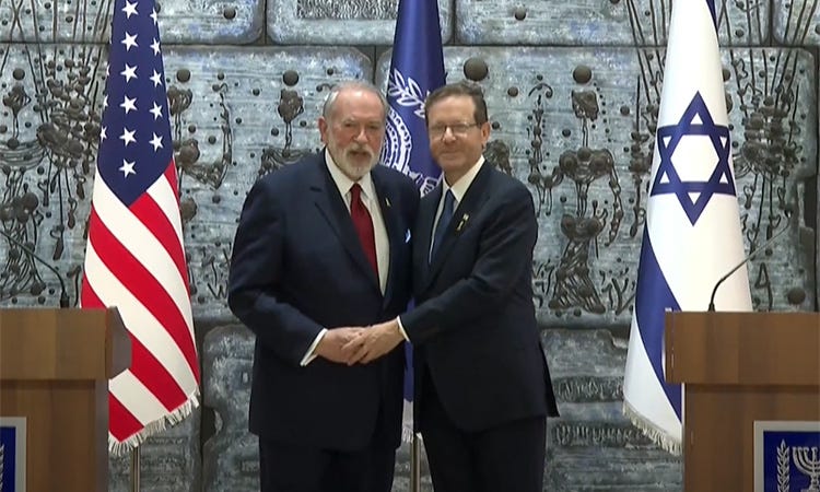 U.S. Ambassador Mike Huckabee presents his credentials to Israeli  President, Isaac Herzog. - U.S. Embassy Jerusalem