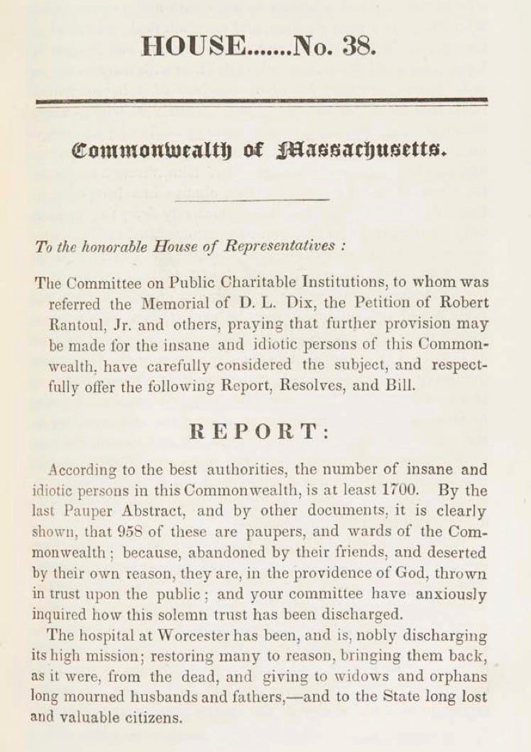 Printed title page of Dorothea Dix 1843 Memorial to the Massachusetts House of Representatives