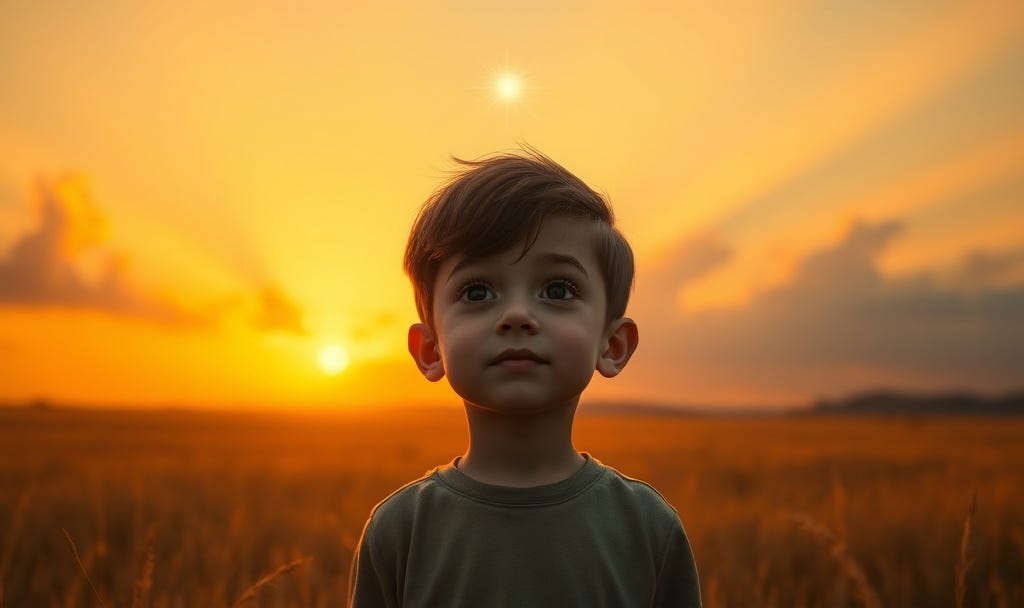 Emotional cinematic illustration of a 5-8 year old boy standing alone in a wide-open golden-hour field at sunset, soft warm light beams illuminating his face with a gentle glowing spark above his head, expression of quiet wonder and being seen, warm orange and earth tones, hopeful healing atmosphere, high contrast on face illustrating the Luma Effect Emotional cinematic illustration of a 5-8 year old boy standing alone in a wide-open golden-hour field at sunset, soft warm light beams illuminating his face with a gentle glowing spark above his head, expression of quiet wonder and being seen, warm orange and earth tones, hopeful healing atmosphere, high contrast on face illustrating the Luma Effect