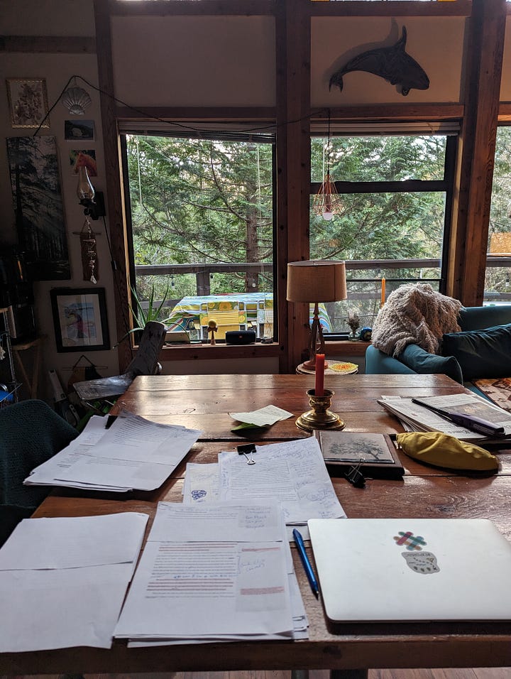 A laptop and a monitor on a desk with a manuscript shown on screen; a modest cabin with big windows in the woods surrounded by a deck; a view of the colourful rustic living space from the loft where I set up my desk. Two women sitting at a pub, and a desk with papers on it.