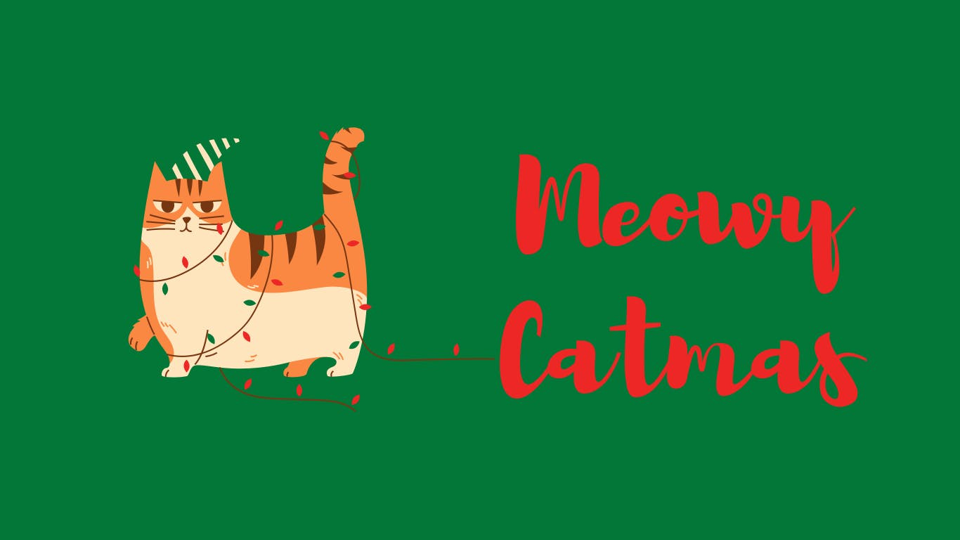 A ginger cat wearing a hat with a string of Christmas tree lights wrapped around it, wishing "Meowy Catmas"