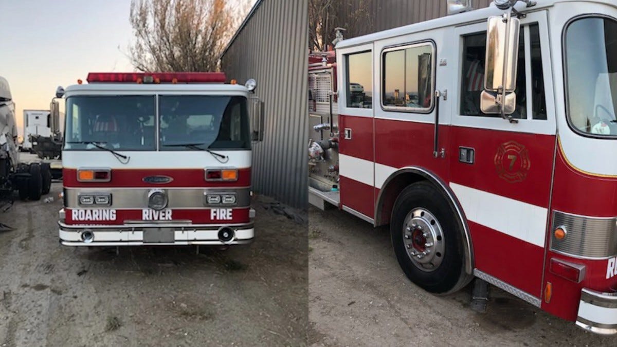 Front and side views of a red and white fire truck with ‘Roaring River Fire’ markings, reportedly used by Dustin and Jennifer Nehl to impersonate firefighters and enter an evacuation zone.