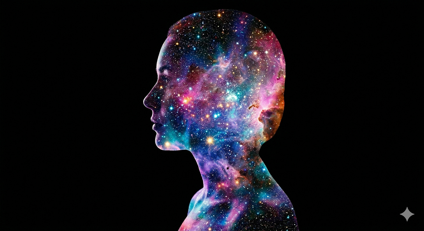A human profile silhouette filled with a vibrant, colorful nebula or starry galaxy scene against a solid black background. 