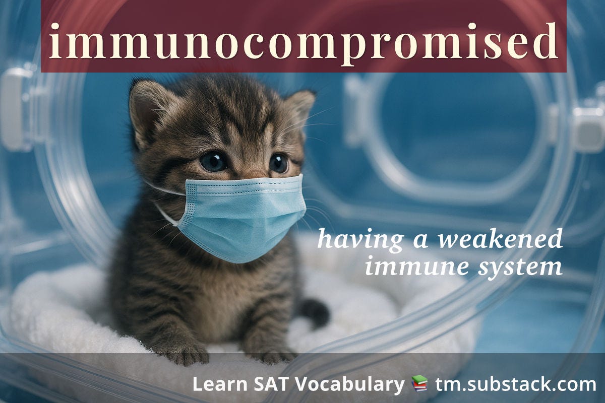 Illustration of a kitten wearing a protective mask and being protected by a plastic incubator; used to illustrate the SAT word 'immunocompromised'.
