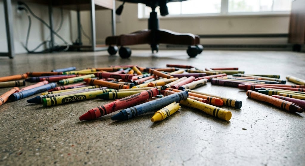 A pile of crayons on the floor. Generated with Gemini Nano Banana Pro.