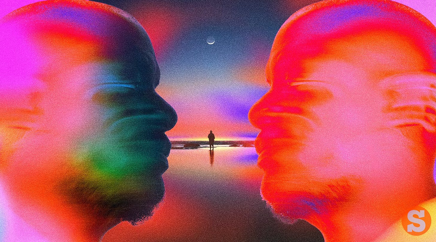 A surreal digital illustration with a heavy, grainy texture and vibrant neon hues of pink, orange, and blue. Two large, abstract faces in profile frame the left and right edges, facing inward. In the center distance, a solitary figure stands on a reflective shoreline under a gradient twilight sky and a small crescent moon.